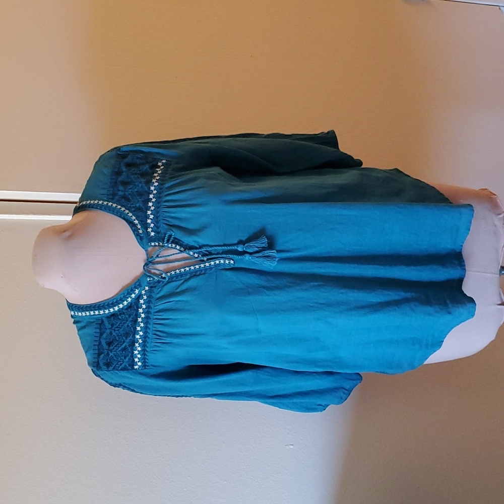 St John's Bay embroidered boho style top Turqoise Blue blouse xl cotton